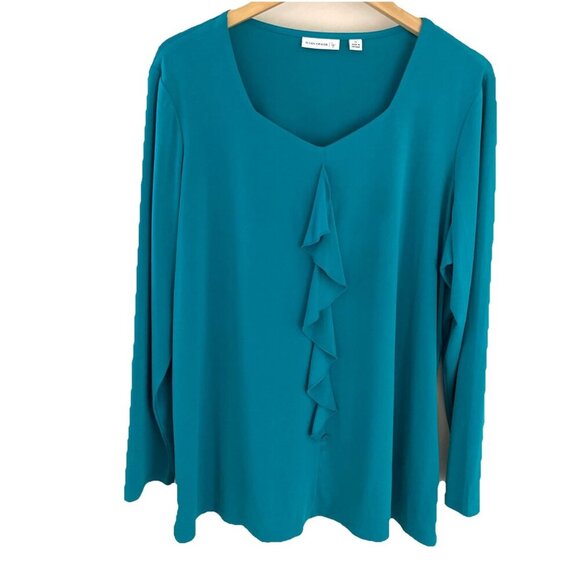 SUSAN GRAVER Liquid Knit Tunic Top Size 1X Kelly Green Ruffle Front V-Neck - Picture 1 of 9